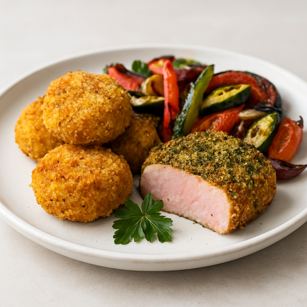Crispy Halal Butternut &amp; Quinoa Croquettes with Herb-Crusted Turkey Ham &amp; Charred Vegetable Medley | Fridgify | Fridgify