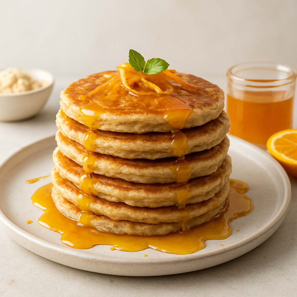 Mediterranean Okara Banana Pancake Stack with Spanish-Style Citrus Honey Drizzle
