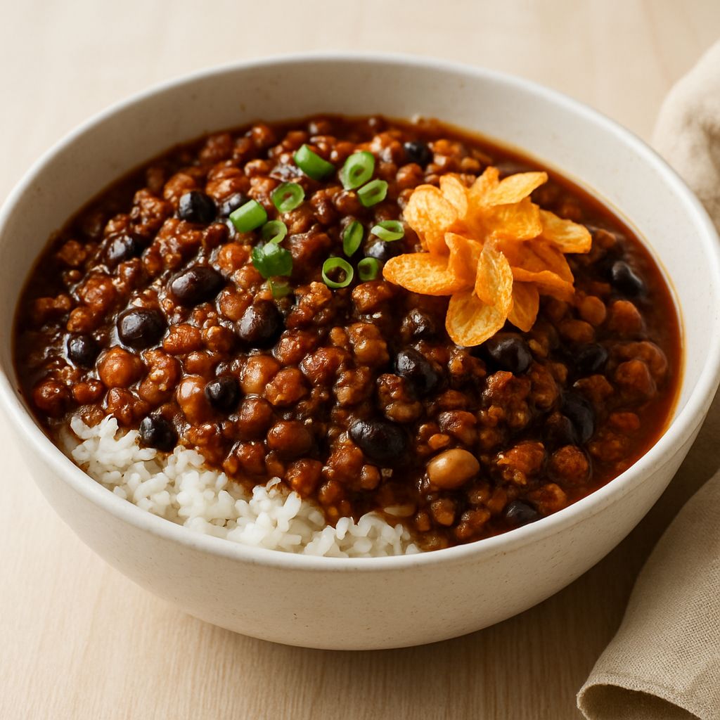 Umami Ragu Fusion Bowl with Miso-Soy Bean Ragù and Crispy Garlic Chips | Fridgify | Fridgify
