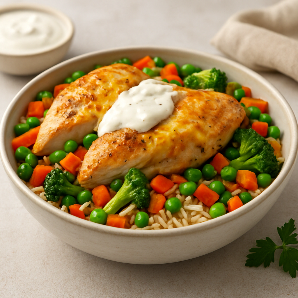 Cheesy Chicken and Vegetable Rice Bowl with Yogurt Sauce